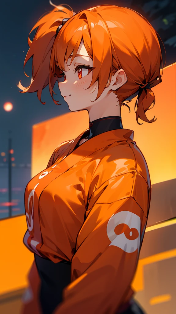 One Young Woman、alone、Orange blouse shirt、Orange Hair、Side Ponytail、Beautiful red eyes、A gentle gaze、smile、profile、Upper body close-up、Shrimp mascot、Delicate contours、Under the moonlight、Background Blur