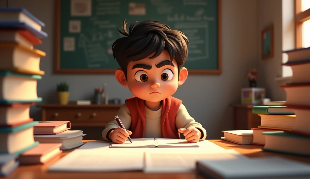 Need 3D animation style, Ramu receiving low marks on an exam but sitting determined at his desk, surrounded by books, ready to study harder