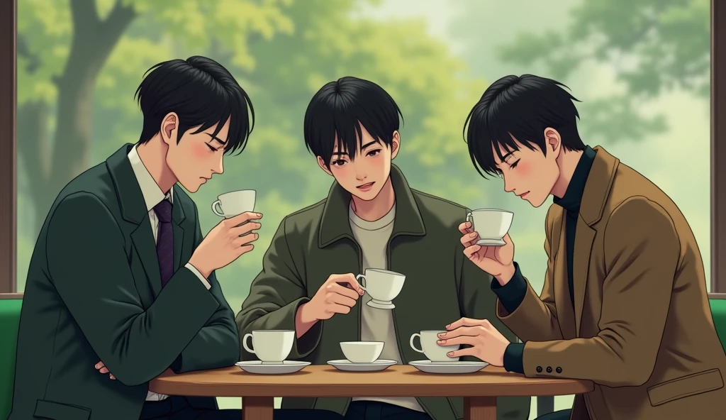 Three male Japanese university students wearing fashionable clothes are drinking tea and talking on green chairs with calm expressions,Excited, Photo of your face, In a calm room, with a natural look, With a slightly tired look, tilt your face a little, Diagonal orientation, Average face