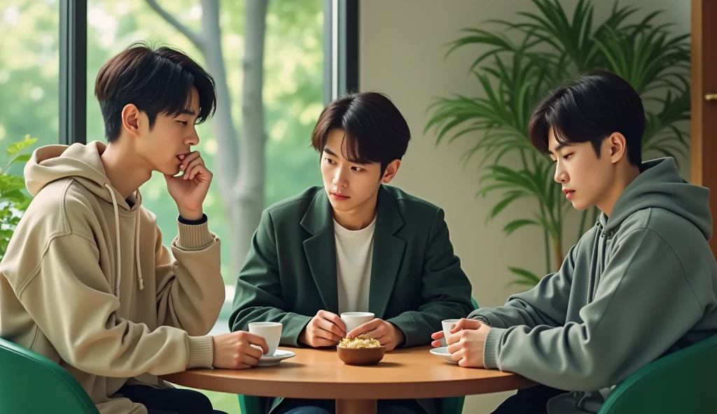 Three male Japanese university students wearing fashionable clothes are drinking tea and talking on green chairs with calm expressions,Excited, Photo of your face, In a calm room, with a natural look, With a slightly tired look, tilt your face a little, Diagonal orientation, Average face