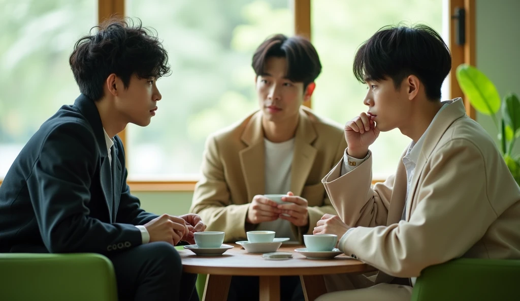 Three male Japanese university students wearing fashionable clothes are drinking tea and talking on green chairs with calm expressions,Excited, Photo of your face, In a calm room, with a natural look, With a slightly tired look, tilt your face a little, Diagonal orientation, Average face