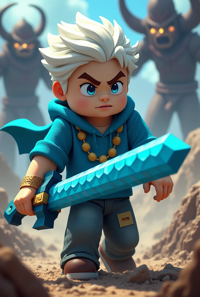 Make a picture in which a minecraft boy from minecraft with white hair and brown eyebrows and a blue hoodie with a blue sword and a stone necklace is fighting some minecraft demons. 
