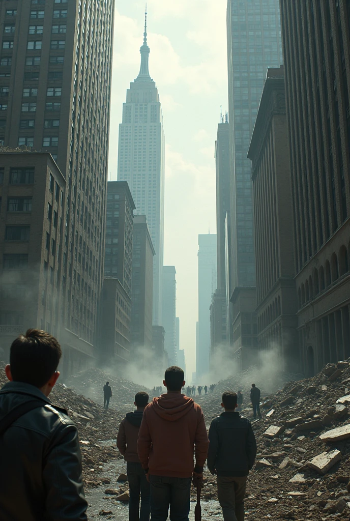 2024; (masterpiece, best quality) destroyed city (new York)People looking up.