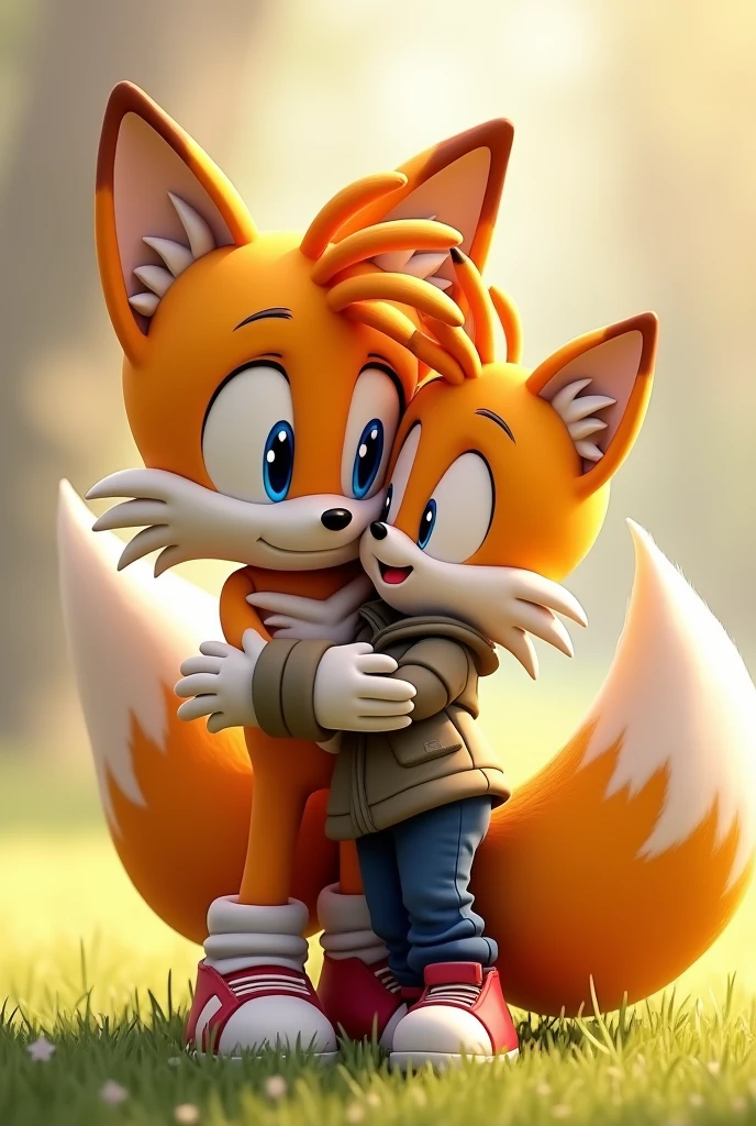 Tails hugging a kid with his shoes and gloves on 