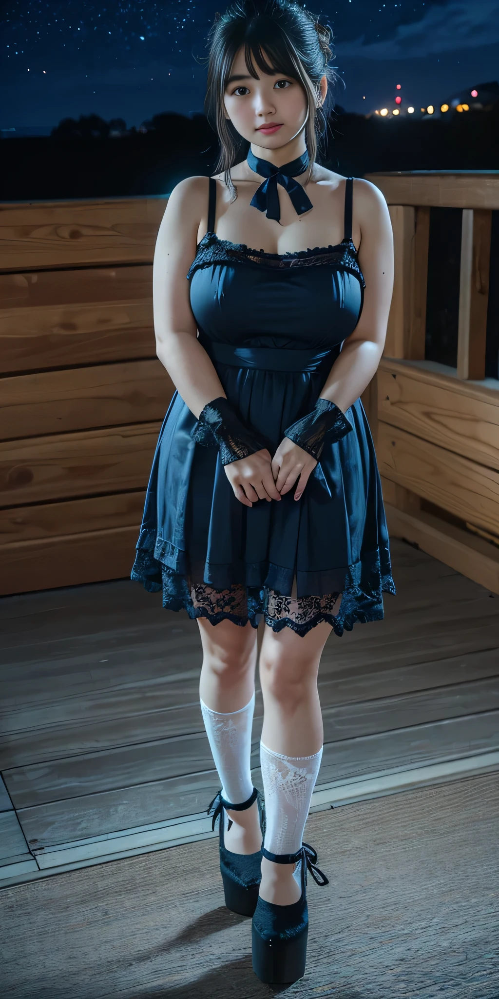 (8k,RAW Photos,Like the picture:1.45),Detailed skw, Detailed face, Detailed eyes, Dutch Angle, Perfect hands, from the front, one person, Cute Japanese Woman, young, Beautiful women w their 20s, 2, Height 146cm, Very huge bigger than a face, one person, Adult, Mature Woman, Very huge face bigger breasts:1.95, Browswg Caution, lwgerie, avatar (series), CHAR-F avatarseries トフ・ベイフォン シュリク作, (Black Hair:1.2), , Poor Complex (White 1.5) Night dress, , (Long frilly elbow gloves, Lace knee socks, High heels:1.15), (updo:1.3), (Summer Night Coast, Very beautiful starry sky)w, 星明かりの下w非常に激しく卑猥に視聴者を誘惑する