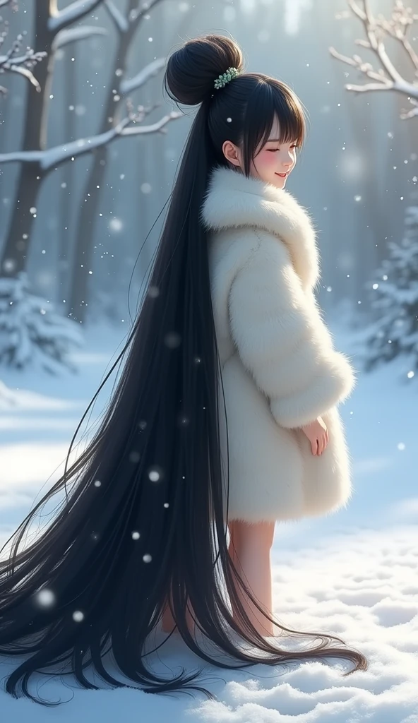 Cute Japanese girl,((full body shot from hair to feet)), ((naked)),(NSFW),with a very large hair bun, the size of the bun is 7 times the size of her head, , shiny black hair, about 8 meters long hair, length knee hair,very shiny hair, loose hair filling the entire ground, the ground is full of her long hair ,, laughing,(looking back over shoulder) ,, ((straight hair)),wear white mink fur coat, Thickness 100 cm, fluffy, Thick white mink fur collar, winter background ,  , bright sunlight from side,