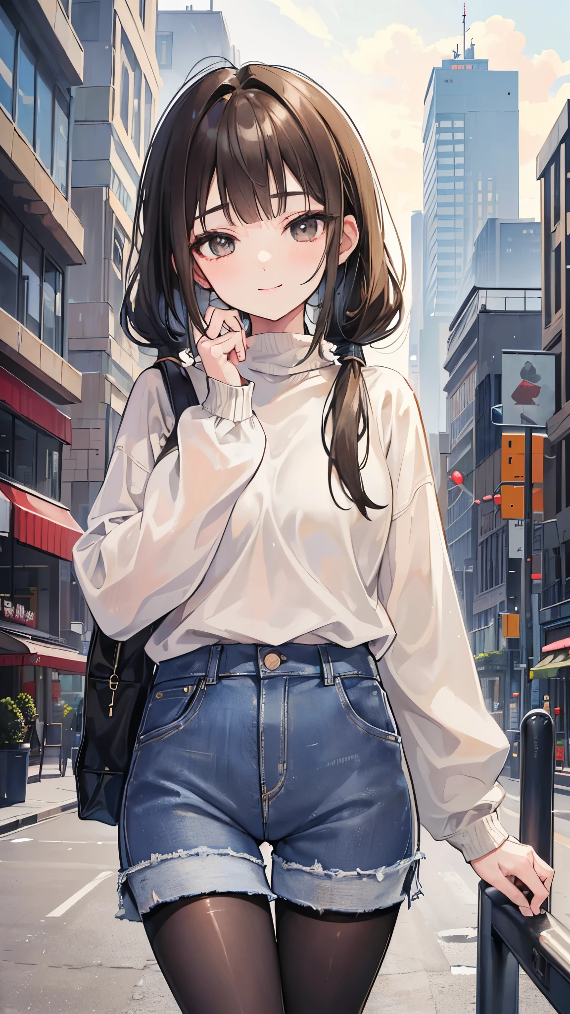 ((masterpiece、Highest quality、Very detailed))、One person、Black Hair、low twintails、blunt bangs、Grey Eyes、smile、Moderate breasts、((light brown sweater))、((denim short shorts))、((black pantyhose))、Cowboy Shot、City Background