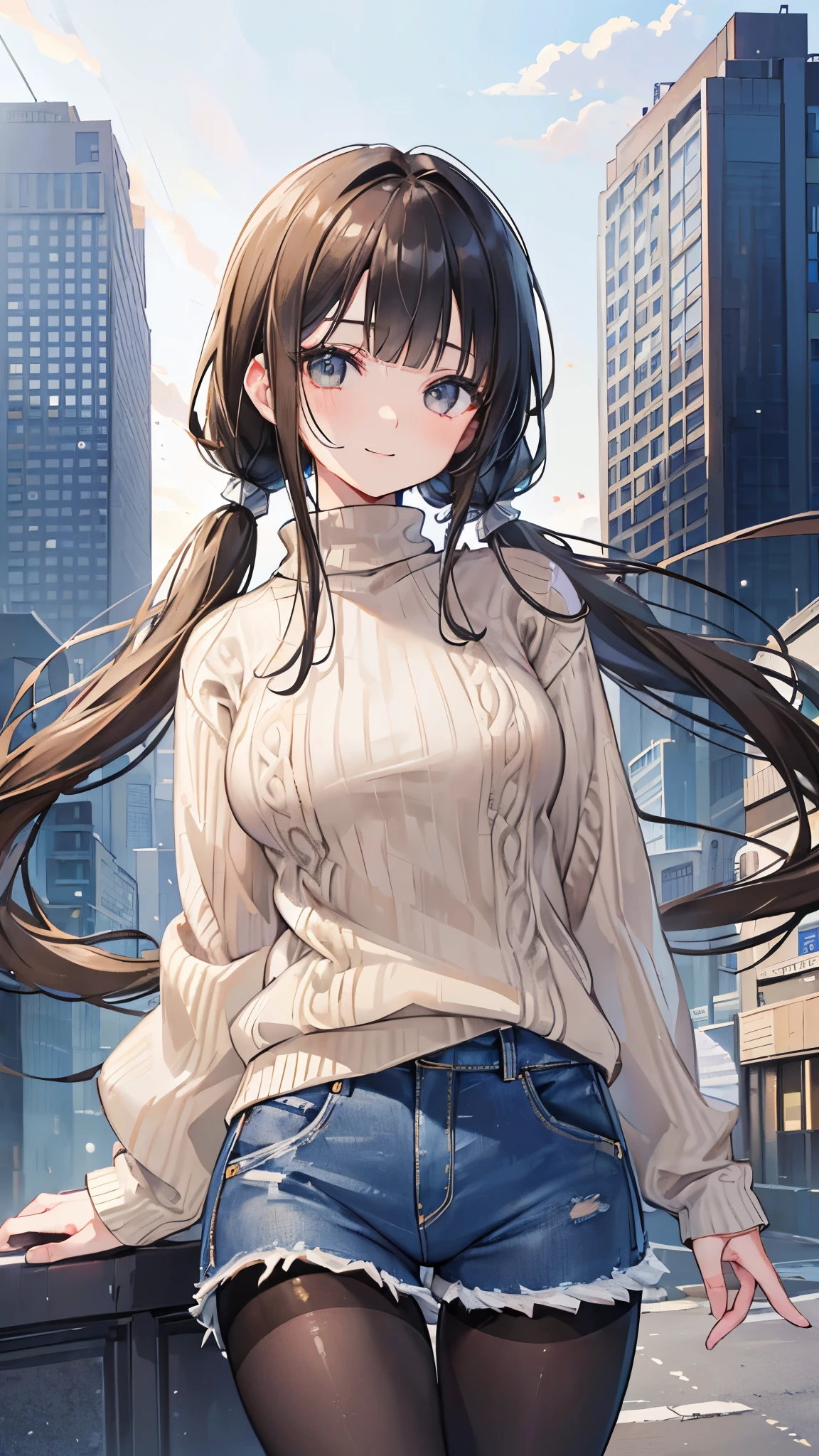 ((masterpiece、Highest quality、Very detailed))、One person、Black Hair、low twintails、blunt bangs、Grey Eyes、smile、Moderate breasts、((light brown sweater))、((denim micro short shorts))、((black pantyhose))、Cowboy Shot、City Background
