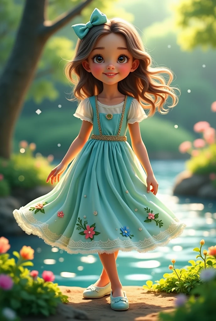 A dress for a 6 year old girl with a river on the dress