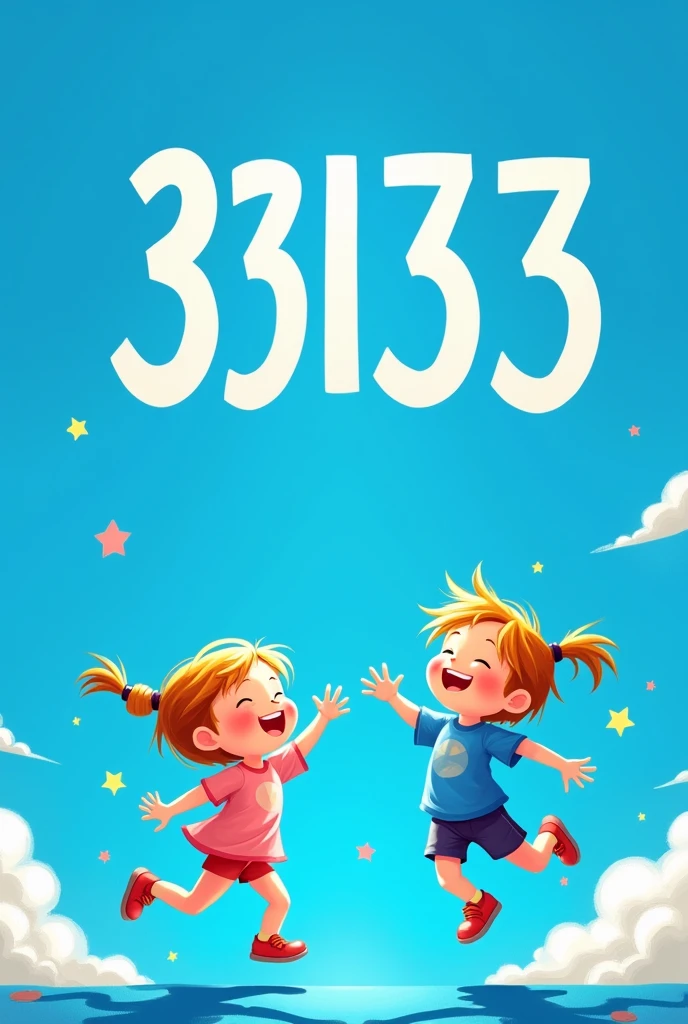 Create image of 2 children playing with blue background and the big number 33133 written in white above  