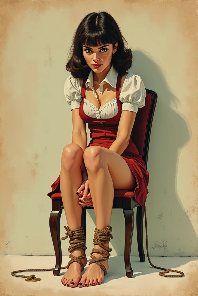 Create a retro vintage waitress teen with dark brown hair and bangs, with dark brown eyes, (((5 toes , girl kidnapped,black  toes nails,legs together, feet together, ankles tied together with ropes around both ankles, restrained hands with ropes on back,Focus full body, Sit tied on a chair, with no shoes, perfect feet, in bondage))),old style drawing 50s retro vintage 