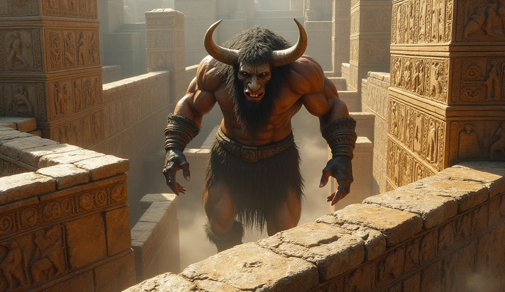 Create a scene from the (((legend of the Minotaur in the labyrinth of Knossos2))). Show the Minotaur, a creature (((half man, half bull2))), in the midst of an [intricate maze1.5], with mythological figures and symbolic elements that reflect the rich storytelling tradition of the Minoan Civilization.