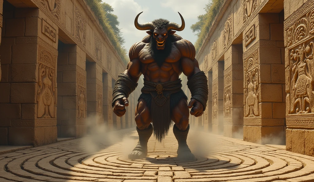 Create a scene from the (((legend of the Minotaur in the labyrinth of Knossos2))). Show the Minotaur, a creature (((half man, half bull2))), in the midst of an [intricate maze1.5], with mythological figures and symbolic elements that reflect the rich storytelling tradition of the Minoan Civilization.