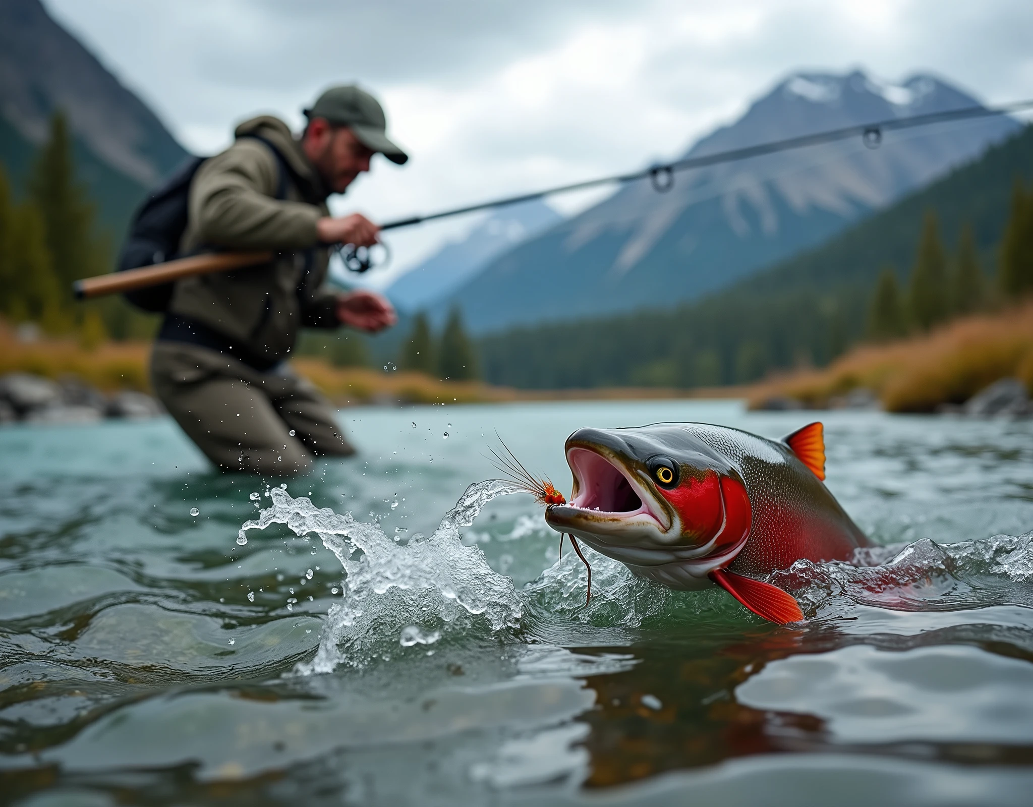 Professional photos, The fly landed on the water, Thrown from a fishing pole, Sockeye salmon biting from underwater, dynamic motion, Clear Canadian mountain streams, (Fly Fishing), A fisherman can be seen in the background looking towards us., Bend the fly rod in your hand, Staring intently at the fish, BREAK The moment the fish bites the fly, and…