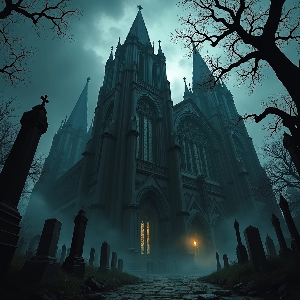 Dark gothic cathedral close up from bottom perspective