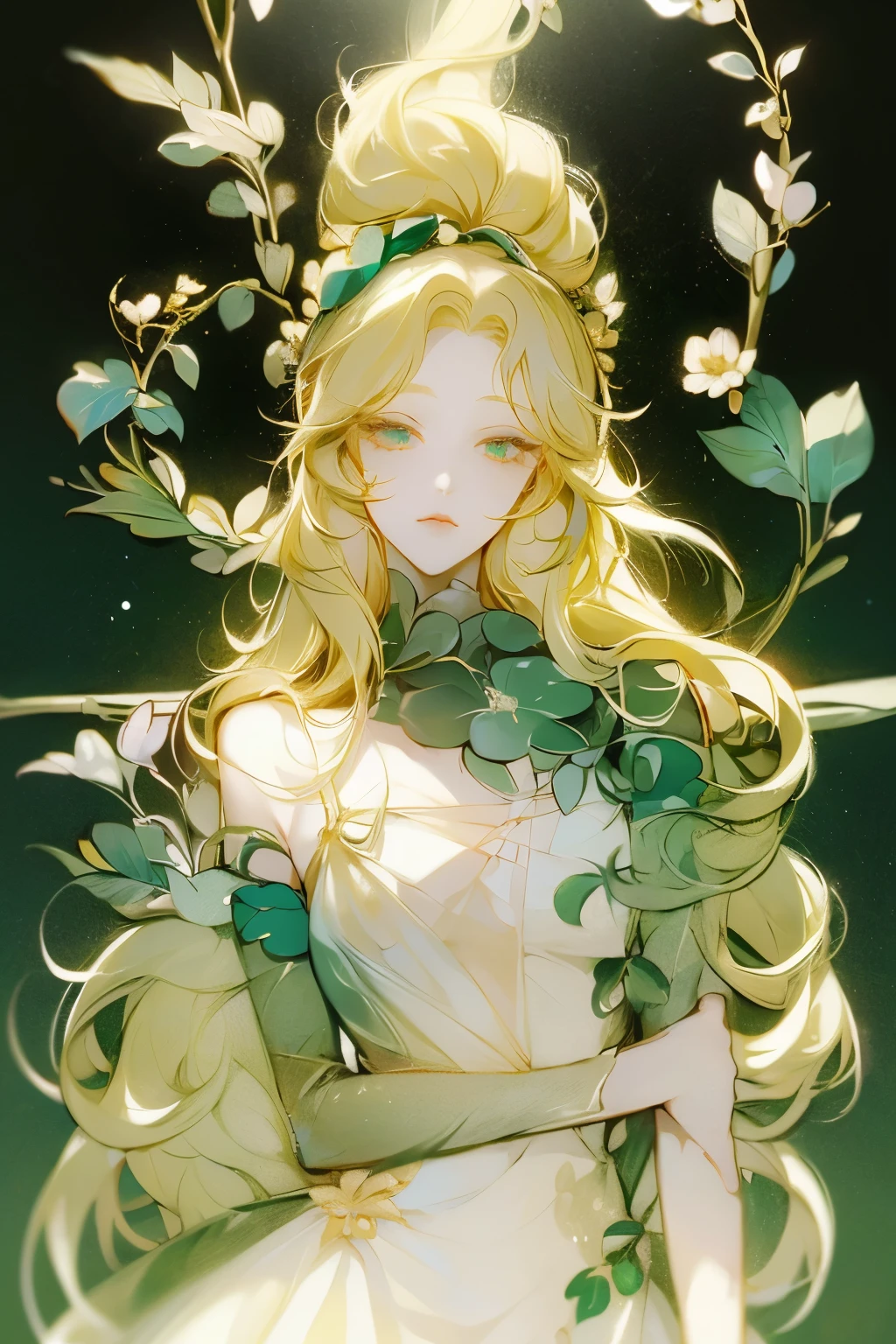 Draw on chest, Honey, (1 girl), ((solitary)), ((solitary)), charming, White skin, By Bangs, Blonde short hair, Green Eyes, Hair accessories, Very long hair, flowering, Shine beautiful light, Flowing long hair, Green headband,Gloves，Eyeshadow,dress), masterpiece, high quality
