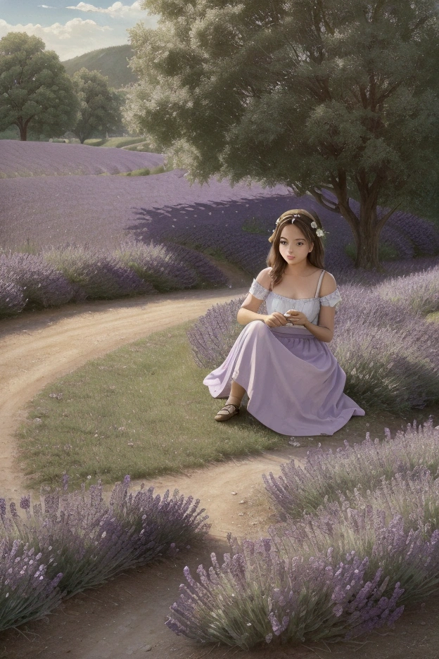 create a lavender field. create a young woman drawing a picture on a canvas next to the lavender field. create a road through this lavender garden and create a green VW car on the road.