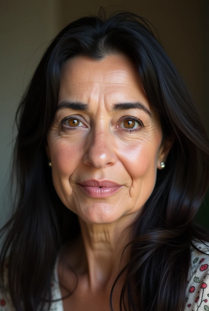 Women Straight long hairs fat face mid 50’s age with.around forehear and eyes fair snd palestinian features and round big eyes and huge lips and black hairs and brown eyes and big nose very chubby cheeks and fat chin