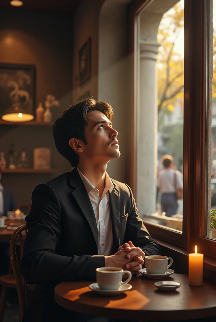 A picture of a young man sitting in a cafe, looking up at the shadow.