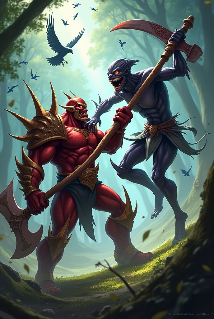 Darius and Fiddlesticks league of legends drawing in the summoner's rift darius with a large axe and fiddlesticks with a scythe with crows behind Darius with a noxian armor and fiddlesticks shaped like a scarecrow