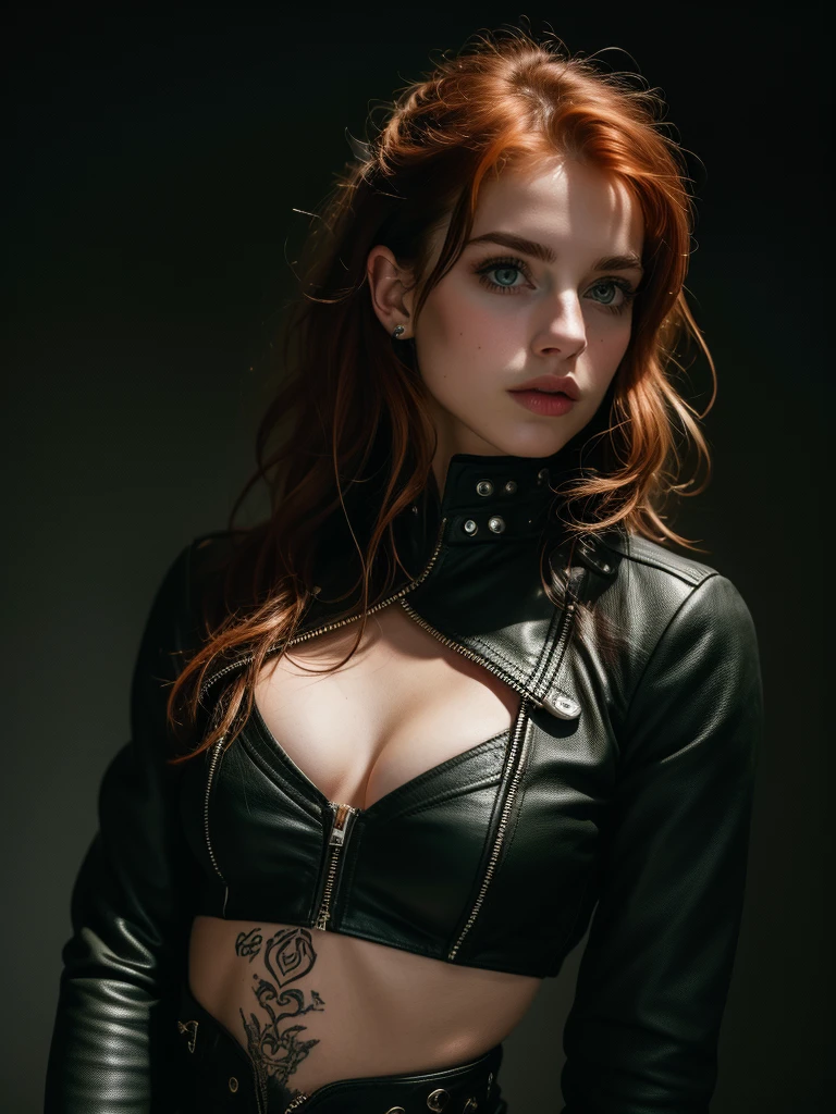muito detalhado, 16K high resolution, incredibly detailed image, filmic, best quality, masterpiece, realisti, detailed face, detail-ful background, dramatic lighing, Girl, 25 years, alone, beautiful natural ginger red hair, Fell, straggly and messy wavy hair. Extremely detailed facial expressions with sharp and piercing green eyes. A delicate, slightly cheeky face, discreetly made up. ((She is tattooed and pierced.)), She has (Very small breasts) and a slim figure, in good shape. She is wearing a black leather motorcycle jacket, black leather leggings and ankle-high black boots. She is holding a black full-face helmet in her hand.