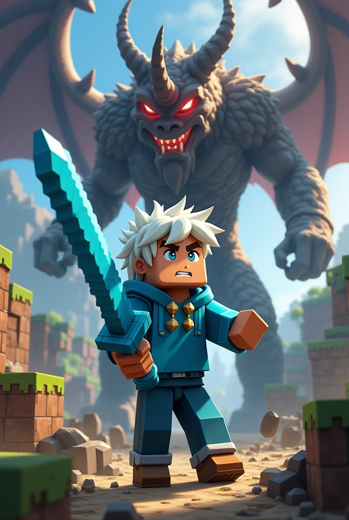 Make a picture in which a minecraft boy from minecraft with white hair and brown eyebrows and a blue hoodie with a blue sword and a stone necklace is fighting some minecraft demons.