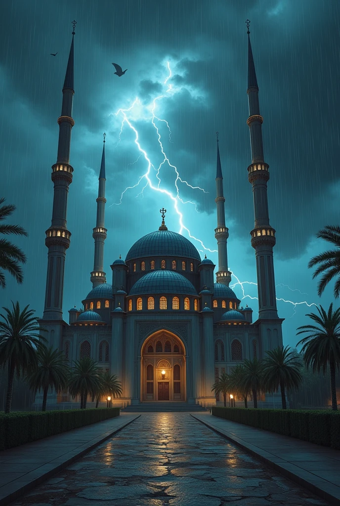 A mosque with a thunderstorm