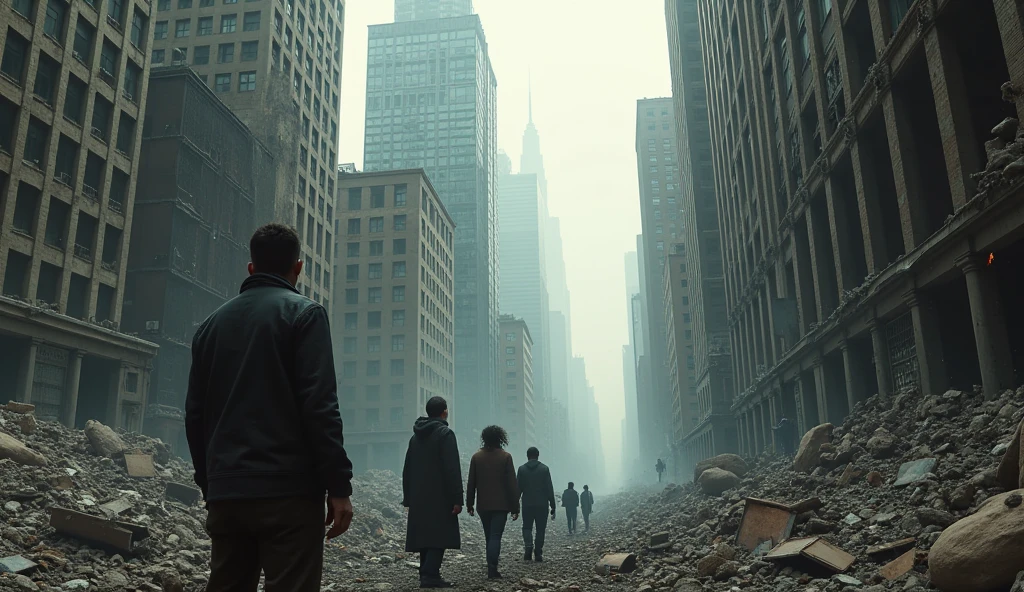 2024; (masterpiece, best quality) destroyed city (new York)People looking up.