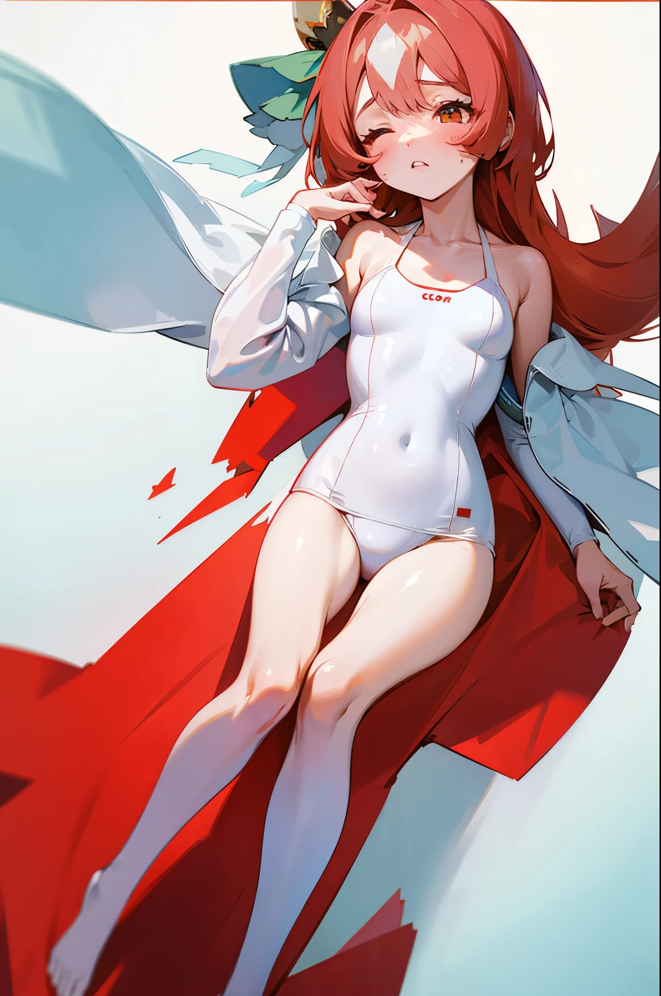 Highest quality、White swimsuit、Falling with legs spread apart、Look this way、Red cheeks、Emphasize the chest、Closing one eye、Troubled face