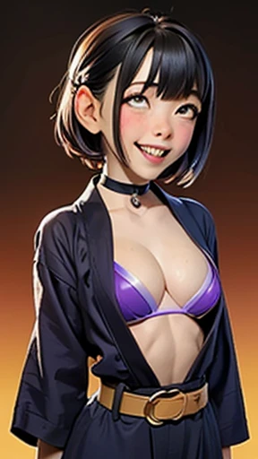 One white man, alone, Slender body, (Upper Body, bust:1.2), Iris, Black Hair, choker, (yukata, Transparent clothes:1.3), Exposing shoulders, belt, shoulder-belt, masterpiece, Very detailed, View the viewer, Expressing joy, Shiny blurry orange background, Gradient spray background, smile, smile, いたずらなsmile, Front view, Gradient purple-red background, Blurred Background, Bright edges of the image, (Abdominal muscles, Small breasts, Cleavage:1.4), Shen