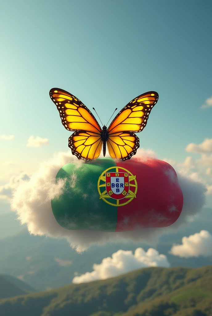 I want a realistic image of a yellow striped butterfly resting on a cloud covered with the Portuguese flag and on this cloud the first name Sonny well inked, I want the whole image to be realistic, I want a pretty background behind it