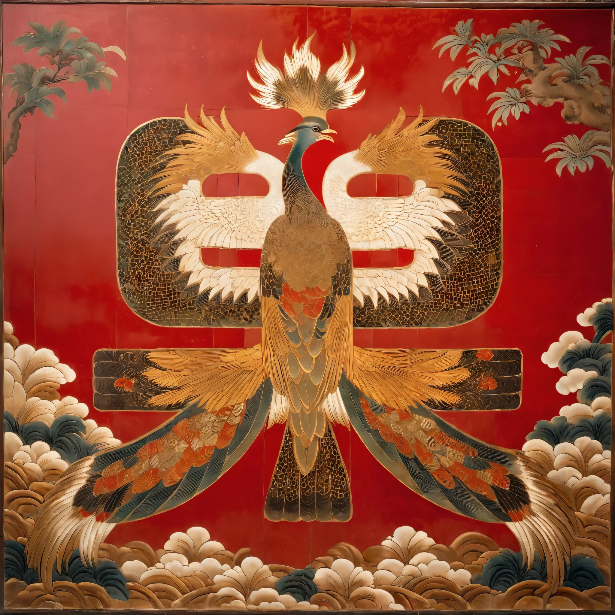 A phoenix on a red background，There is a cut panel in the background, Japanese Art Museum, Dark white and light brown, Elegant and balanced, Standard collection, song huizong, Song Dynasty, Mosaic, Flat composition