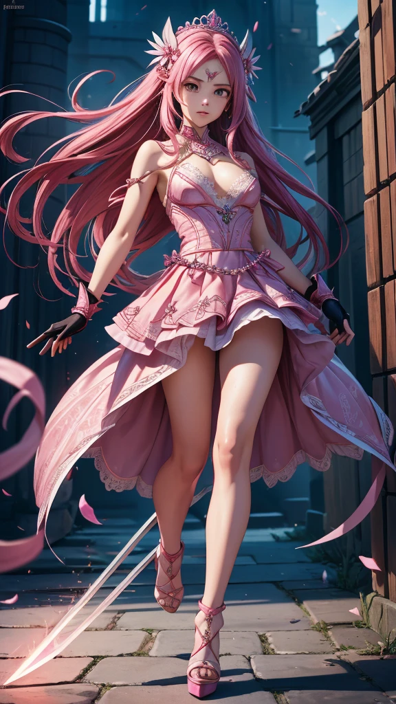 First place girl,Long flowing pink hair,head ornaments,Mid-chest,Pink lace dress,Chest gem,Steel armor gloves,steel high heels,.best quality,masterpiece,Ultra-high resolution(2:0),shuriken,The steel sword is long and sharp,The sword has magic runes attached to it,