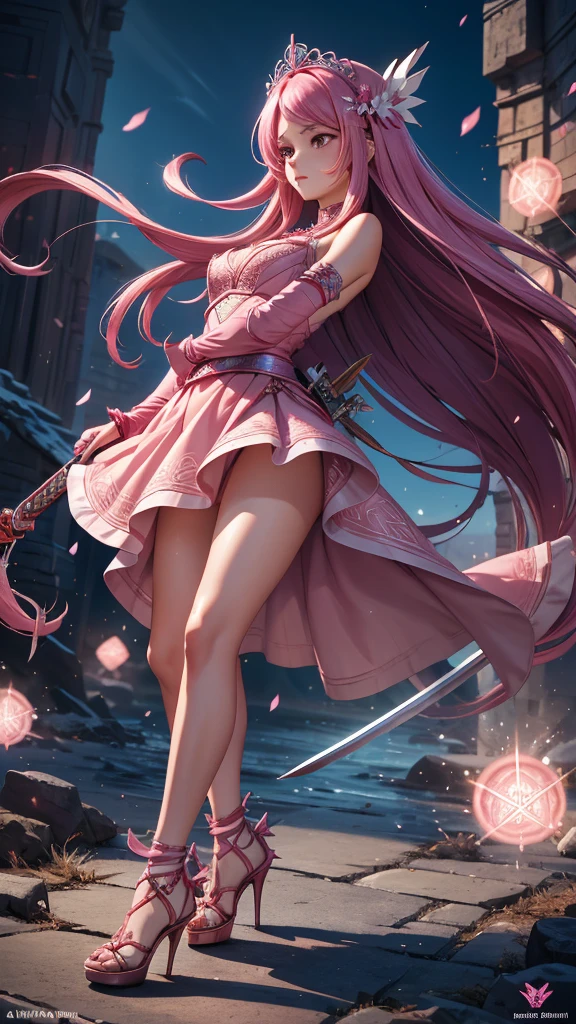 First place girl,Long flowing pink hair,head ornaments,Mid-chest,Pink lace dress,Chest gem,Steel armor gloves,steel high heels,.best quality,masterpiece,Ultra-high resolution（2：0）,shuriken,The steel sword is long and sharp,The sword has magic runes attached to it,