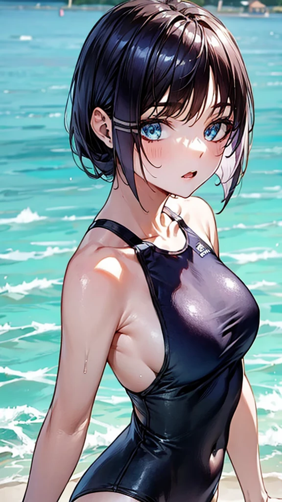 School Swimsuit、Black Hair、ponytail、Wet hair、Beautiful eyes、tits