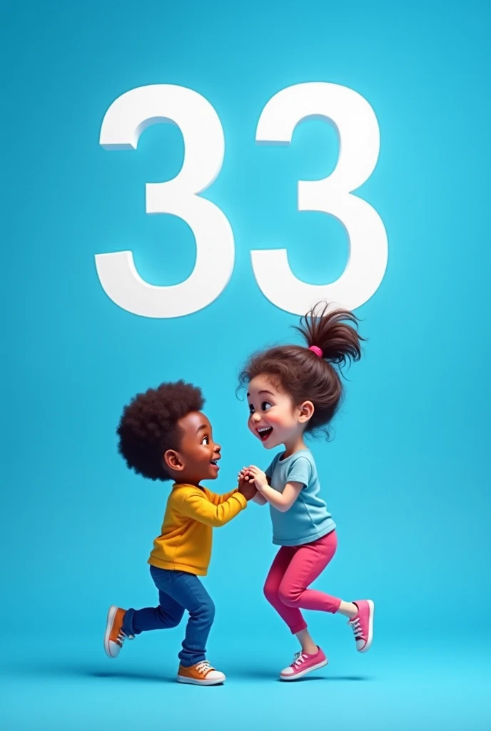 Create an image of 2 children, one white and one black, playing with a blue background and the large number 33133 written in white above