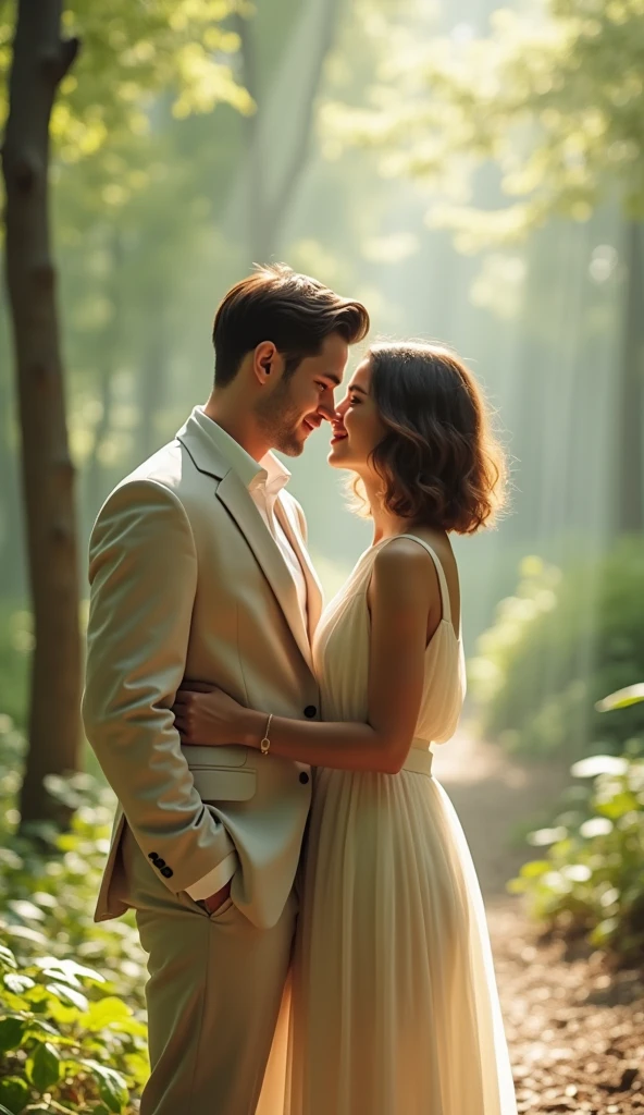 couple posing for a photo against the backdrop of a clearing in the forest, full length, young man with short hair in light linen suit, girl with short haircut layered bob light brown color, in a light ivory dress, lovely couple, A glade in the forest, Gleams, sunlight, glare, 8 K)), Kim Do-yeon, 🚿🗝📝, Jinyoung Shin, 🍁 Cute, couple pose, ❤🔥🍄🌪, nostalgic 8 K, With a bang, Bae Suzy, ✨🕌🌙, 4k post, 4k post, Oljan