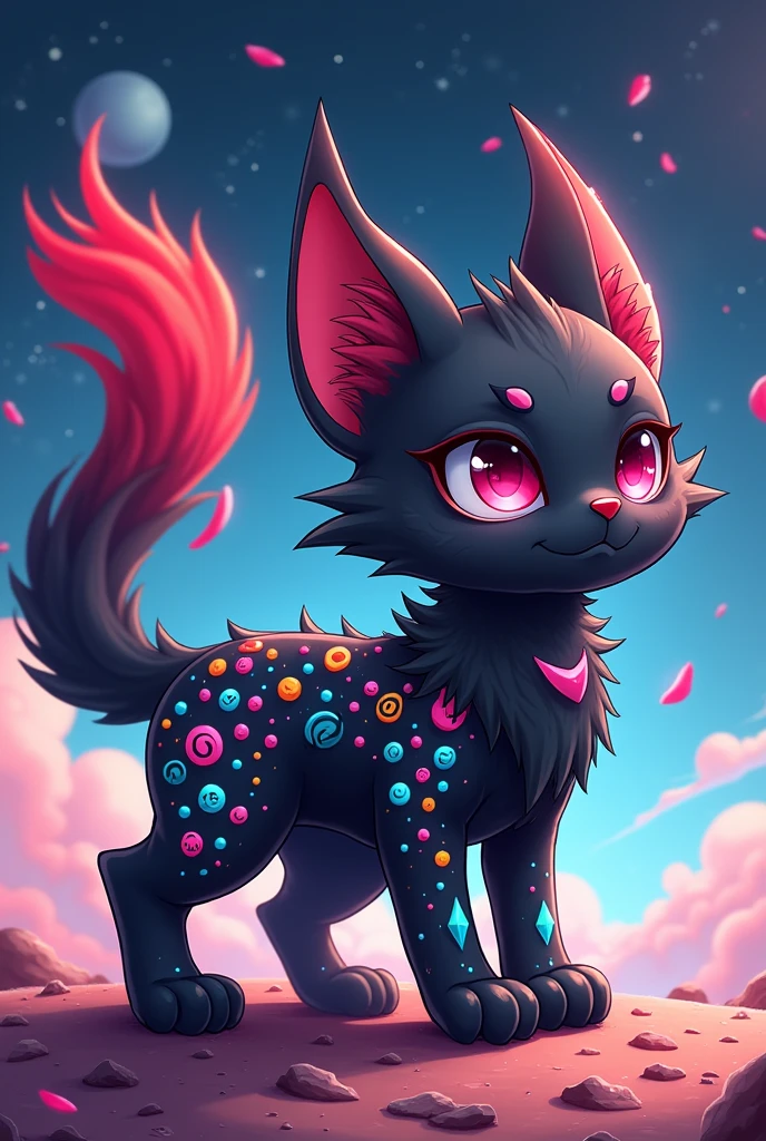 Animal with  hot cartoon space anime version stickers  with black cat and blue -red eyes with crimson red tail like  multiple stickers 