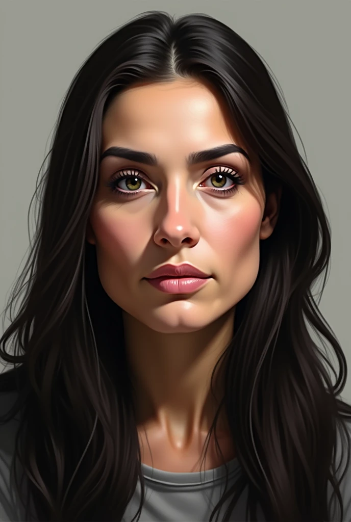 Women Straight long hairs fat face 50’s age with.around forehear and eyes fair snd palestinian features and round big eyes and huge lips and black hairs and brown eyes and big nose very chubby cheeks and fat chin