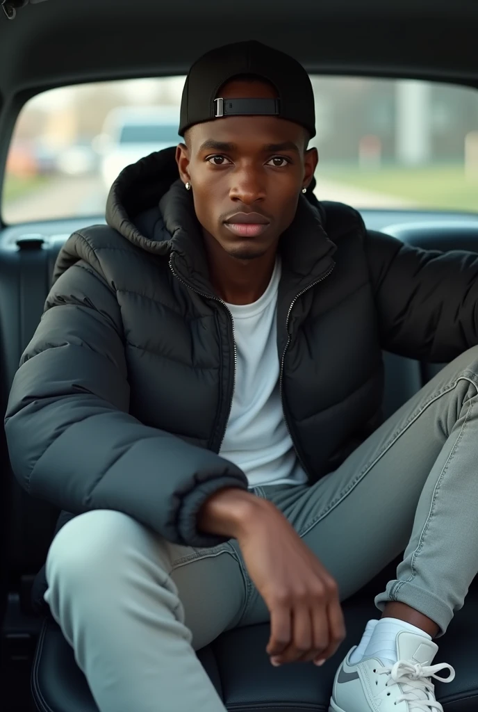 best qualityer:1.4), (ultra high resolution:1.2), (photorrealistic:1.4), (8k, CRU photo:1.2), a thin young man of 20 years old, skin black, with a smooth, beardless face, corte de cabelo buzzcut. He is wearing a white shirt and a black puffer jacket over it.. is wearing light jeans. He's wearing white sneakers. is sitting in the back seat of a car. thin build. Corte de cabelo buzzcut. He&#39;s wearing a black cap backwards. thin build.