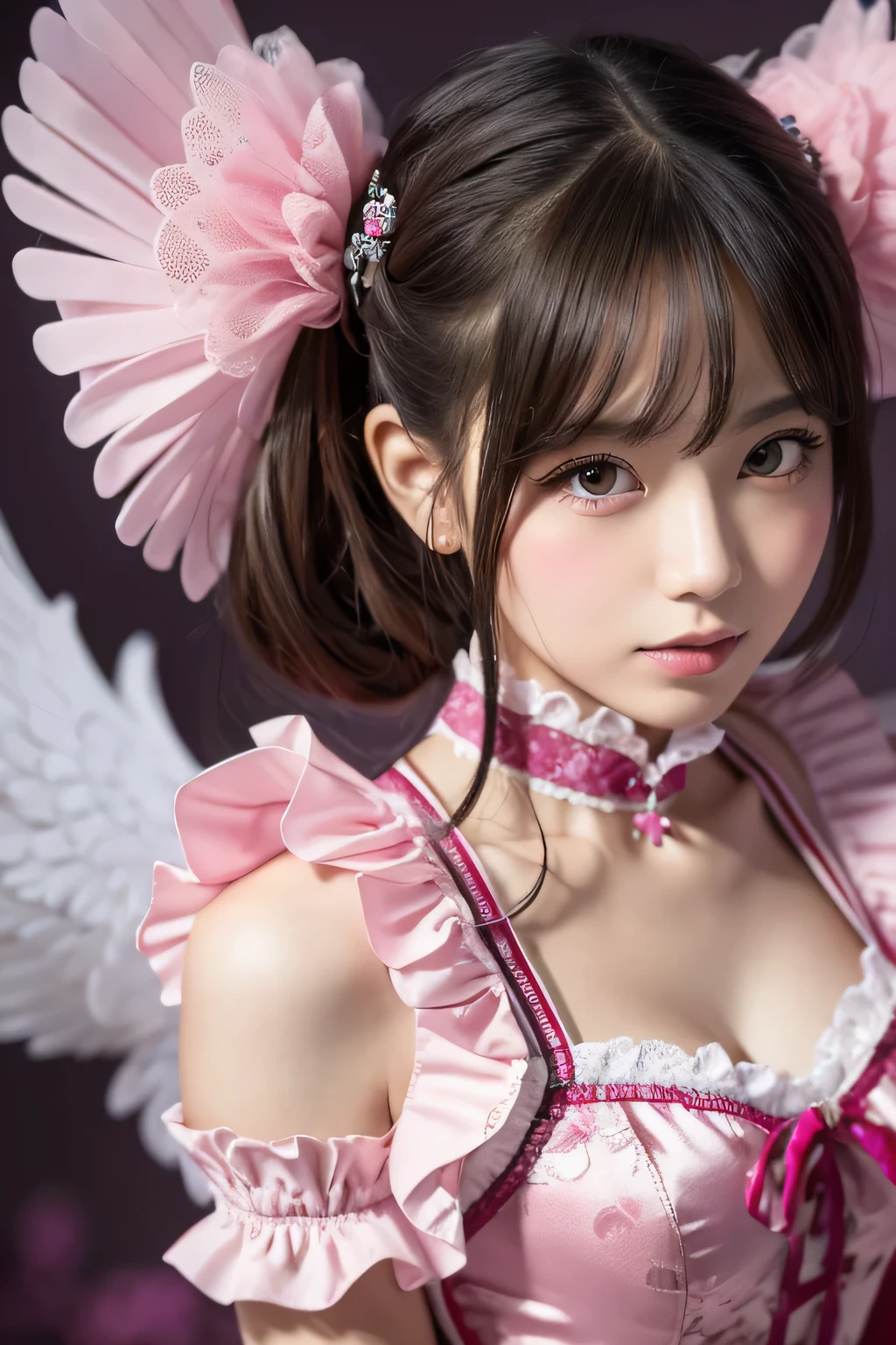 (Beautiful girl floating in the air:1.6), Baby Face, , (Highest quality:1.4), (Very detailed:1.4), (Realistic skin:1.4), (Very detailedな美しい顔), (Maid Cafe in Akihabara:1.5), Great face and eyes, iris, Medium Hair, (Skinny body type:1.3), smile, (Face close-up:1.2), BREAK (unique and intricate cosplay outfit inspired by a fusion of traditional Chinese elements and modern gothic ta fashion:1.3), ((pink satin fabric one-piece dress, A-line, greek key patterns on skirt hem):1.3), ((qipao-inspired neckline with pink trim, including lace and ribbon details):1.3), ((long sleeve, flared bell sleeves):1.3), ((layered skirt with white ruffles edged in pink, voluminous and playful silhouette):1.3), ((ensemble is completed with pink garters, fishnet stockings, and chunky platform shoes with multiple straps):1.3), (twin hair buns adorned with black and pink ribbons and a face-covering charm that adds a mysterious touch:1.3), (Angle from below:1.6), Smooth, Very detailed CG synthesis 8k wallpaper, High-resolution RAW color photos, Professional photography, Light, BackLight, dream-like, impressive, Written boundary depth