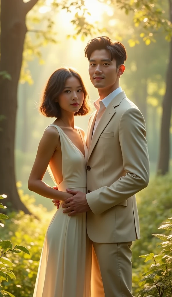 couple posing for a photo against the backdrop of a clearing in the forest, young man with short hair in light linen suit, girl with short haircut layered bob light brown color, in a light ivory dress, lovely couple, A glade in the forest, Gleams, sunlight, glare, 8 K)), Kim Do-yeon, ๐ฟ๐๐, Jinyoung Shin, ๐ Cute, couple pose, โค๐ฅ๐๐ช, nostalgic 8 K, With a bang, Bae Suzy, โจ๐๐, 4k post, 4k post, Oljan