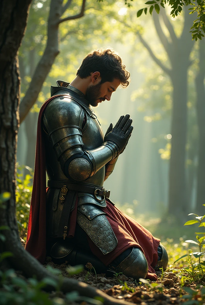 A soldier in armor praying in a calm forest