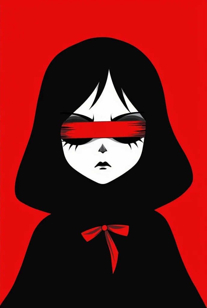 A stylized Art vectoriel portrait of Little Red Riding Hood with a black and white face, partiellement obscurci par une bande rouge audacieuse sur ses yeux et sa bouche. L'arrière-plan est rouge uni. La figure semble solennelle, Art vectoriel, symmetrical
