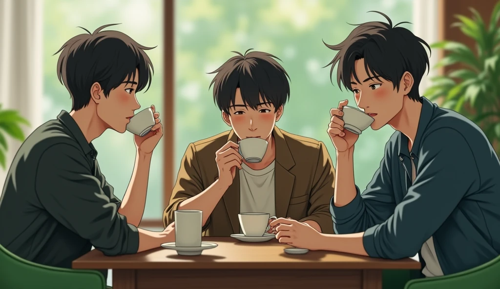 Three male Japanese university students wearing fashionable clothes are drinking tea and talking on green chairs with calm expressions,Excited, Photo of your face, In a calm room, with a natural look, With a slightly tired look, tilt your face a little, Diagonal orientation, Average face