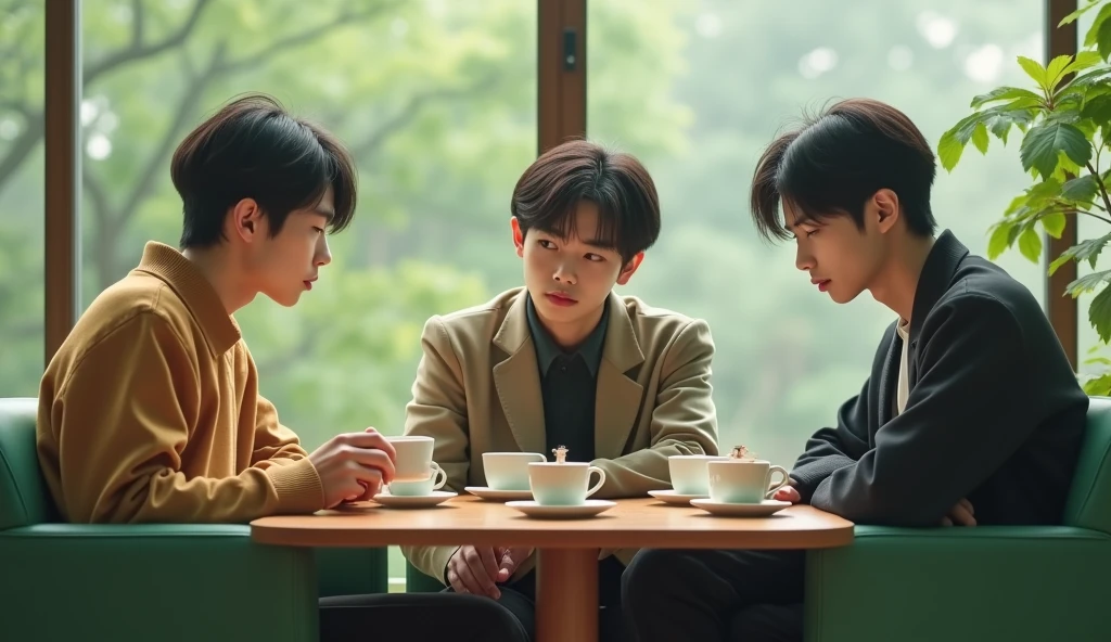 Three male Japanese university students wearing fashionable clothes are drinking tea and talking on green chairs with calm expressions,Excited, Photo of your face, In a calm room, with a natural look, With a slightly tired look, tilt your face a little, Diagonal orientation, Average face