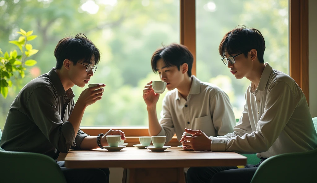 Three male Japanese university students wearing fashionable clothes are drinking tea and talking on green chairs with calm expressions,Excited, Photo of your face, In a calm room, with a natural look, With a slightly tired look, tilt your face a little, Diagonal orientation, Average face