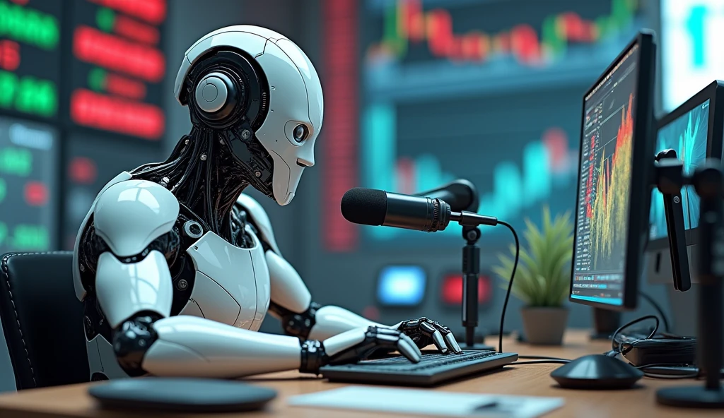 A person with robotic face but also look like a real man and his wearing a mask and he close in table with mic and some stock market and anime and gaming accesories with background
