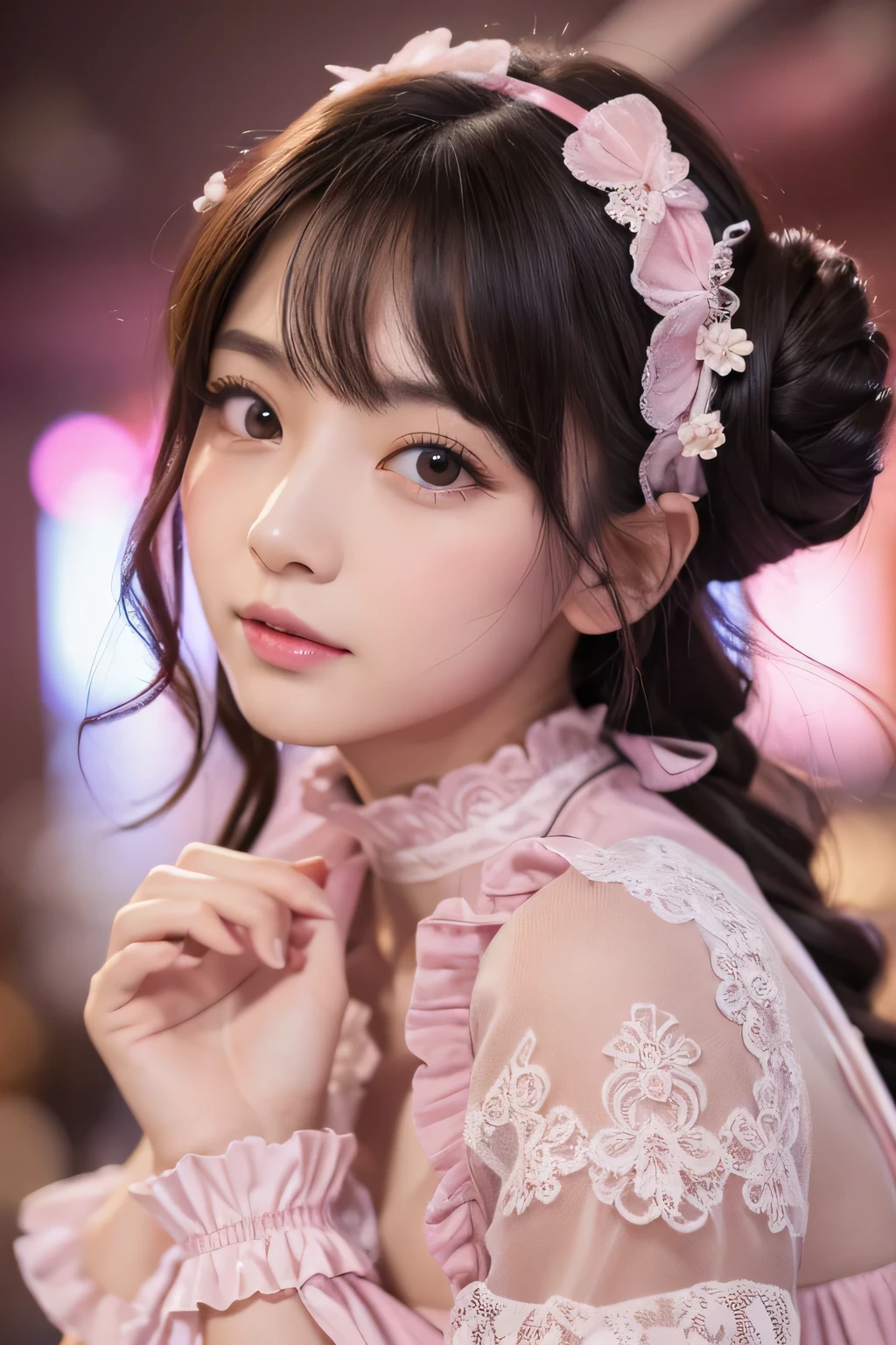 (Beautiful girl floating in the air:1.6), Baby Face, , (Highest quality:1.4), (Very detailed:1.4), (Realistic skin:1.4), (Very detailedな美しい顔), (Maid Cafe in Akihabara:1.5), Great face and eyes, iris, Medium Hair, (Skinny body type:1.3), smile, (Face close-up:1.2), BREAK (unique and intricate cosplay outfit inspired by a fusion of traditional Chinese elements and modern gothic Lolita fashion:1.3), ((pink satin fabric one-piece dress, A-line, greek key patterns on skirt hem):1.3), ((qipao-inspired neckline with pink trim, including lace and ribbon details):1.3), ((long sleeve, flared bell sleeves):1.3), ((layered skirt with white ruffles edged in pink, voluminous and playful silhouette):1.3), ((ensemble is completed with pink garters, fishnet stockings, and chunky platform shoes with multiple straps):1.3), (twin hair buns adorned with black and pink ribbons and a face-covering charm that adds a mysterious touch:1.3), (Angle from below:1.6), Smooth, Very detailed CG synthesis 8k wallpaper, High-resolution RAW color photos, Professional photography, Light, BackLight, dream-like, impressive, Written boundary depth