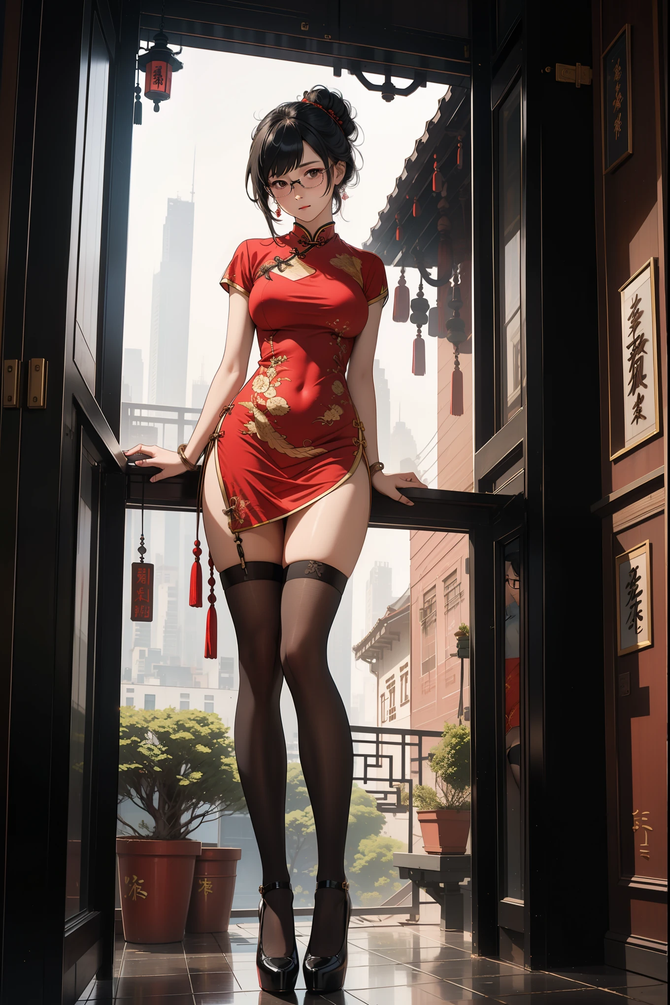 1 girl, black updo hair, glasses, tall girl, large breast, wearing traditional red and black cheongsam , standing, outside balcony house, fullbody shot,, curios face, detail eyes, detail face, blushing, standing on floor, 